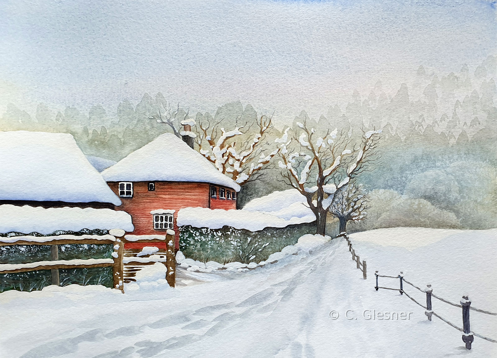 Verschneite Straße in England bei Arundel, Aquarell